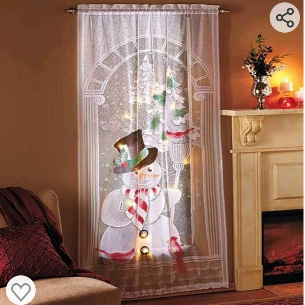 New in box! Set of 2 Holiday Snowman Christmas lace window curtains LED lights